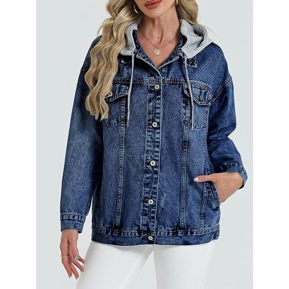 Womens Oversized Dark Denim Distressed Trucker Retro Grunge Hooded Jacket XXL - Picture 3 of 8